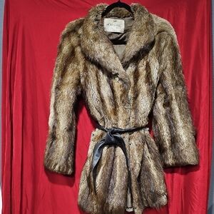 Vintage Racoon Fur Brown Belted Coat -
